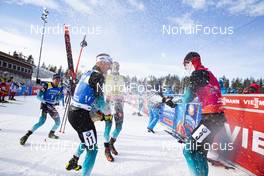 14.03.2020, Kontiolahti, Finland (FIN): Quentin Fillon Maillet (FRA), Fabien Claude (FRA), Martin Fourcade (FRA), Emilien Jacquelin (FRA), (l-r) -  IBU world cup biathlon, pursuit men, Kontiolahti (FIN). www.nordicfocus.com. © Manzoni/NordicFocus. Every downloaded picture is fee-liable.