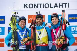 14.03.2020, Kontiolahti, Finland (FIN): Quentin Fillon Maillet (FRA), Martin Fourcade (FRA), Emilien Jacquelin (FRA), (l-r) -  IBU world cup biathlon, pursuit men, Kontiolahti (FIN). www.nordicfocus.com. © Manzoni/NordicFocus. Every downloaded picture is fee-liable.