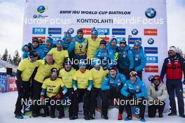 14.03.2020, Kontiolahti, Finland (FIN): Vincent Vittoz (FRA), coach team France, Simon Desthieux (FRA), Martin Fourcade (FRA), Patrick Favre (ITA), Quentin Fillon Maillet (FRA), Fabien Claude (FRA), Emilien Jacquelin (FRA), Antonin Guigonnat (FRA), (l-r) -  IBU world cup biathlon, pursuit men, Kontiolahti (FIN). www.nordicfocus.com. © Manzoni/NordicFocus. Every downloaded picture is fee-liable.