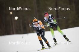 12.03.2020, Kontiolahti, Finland (FIN): Andrejs Rastorgujevs (LAT), Jakov Fak (SLO), (l-r) -  IBU World Cup Biathlon, sprint men, Kontiolahti (FIN). www.nordicfocus.com. © Manzoni/NordicFocus. Every downloaded picture is fee-liable.