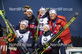 12.03.2020, Kontiolahti, Finland (FIN): Vetle Sjaastad Christiansen (NOR), Siegfried Mazet (FRA) coach team Norway, Johannes Thingnes Boe (NOR), Tarjei Boe (NOR), (l-r) -  IBU World Cup Biathlon, sprint men, Kontiolahti (FIN). www.nordicfocus.com. © Manzoni/NordicFocus. Every downloaded picture is fee-liable.