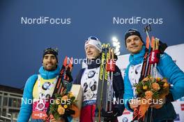 12.03.2020, Kontiolahti, Finland (FIN): Martin Fourcade (FRA), Johannes Thingnes Boe (NOR), Emilien Jacquelin (FRA), (l-r) -  IBU world cup biathlon, sprint men, Kontiolahti (FIN). www.nordicfocus.com. © Manzoni/NordicFocus. Every downloaded picture is fee-liable.