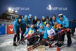12.03.2020, Kontiolahti, Finland (FIN): Martin Fourcade (FRA), Emilien Jacquelin (FRA), Vincent Vittoz (FRA), coach team France, (l-r) -  IBU World Cup Biathlon, sprint men, Kontiolahti (FIN). www.nordicfocus.com. © Manzoni/NordicFocus. Every downloaded picture is fee-liable.