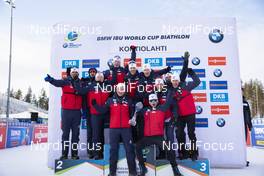 14.03.2020, Kontiolahti, Finland (FIN): Siegfried Mazet (FRA) coach team Norway, Johannes Dale (NOR), Erlend Bjoentegaard (NOR), Johannes Thingnes Boe (NOR), Tarjei Boe (NOR), (l-r) -  IBU World Cup Biathlon, cups, Kontiolahti (FIN). www.nordicfocus.com. © Manzoni/NordicFocus. Every downloaded picture is fee-liable.