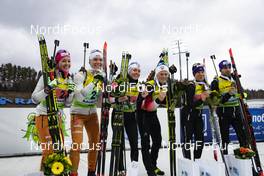 27.02.2020, Minsk-Raubichi, Belarus (BLR): Stefanie Scherer (GER), Justus Strelow (GER), Karoline Erdal (NOR), Endre Stroemsheim (NOR), Anastasiya Merkushyna (UKR), Ruslan Tkalenko (UKR), (l-r) - IBU Open European championships biathlon, medals, Minsk-Raubichi (BLR). www.nordicfocus.com. © Manzoni/NordicFocus. Every downloaded picture is fee-liable.