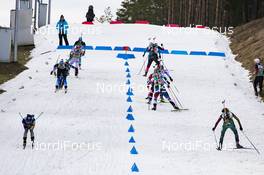 27.02.2020, Minsk-Raubichi, Belarus (BLR): Kristina Reztsova (RUS), Regina Oja (EST), Kinga Zbylut (POL), Camille Bened (FRA), Aasne Skrede (NOR), (l-r) - IBU Open European Championships Biathlon, relay mixed, Minsk-Raubichi (BLR). www.nordicfocus.com. © Manzoni/NordicFocus. Every downloaded picture is fee-liable.