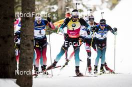 23.02.2020, Antholz, Italy (ITA): Martin Fourcade (FRA), Quentin Fillon Maillet (FRA), Johannes Thingnes Boe (NOR), (l-r) - IBU world championships biathlon, mass men, Antholz (ITA). www.nordicfocus.com. © Modica/NordicFocus. Every downloaded picture is fee-liable.
