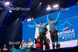 20.02.2020, Antholz, Italy (ITA): Emilien Jacquelin (FRA), Anais Bescond (FRA), (l-r) - IBU world championships biathlon, medals, Antholz (ITA). www.nordicfocus.com. © Manzoni/NordicFocus. Every downloaded picture is fee-liable.