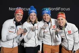 22.02.2020, Antholz, Italy (ITA): Denise Herrmann (GER), Franziska Preuss (GER), Vanessa Hinz (GER), Karolin Horchler (GER), (l-r) - IBU world championships biathlon, medals, Antholz (ITA). www.nordicfocus.com. © Manzoni/NordicFocus. Every downloaded picture is fee-liable.