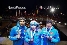 15.02.2020, Antholz, Italy (ITA): Martin Fourcade (FRA), Alexander Loginov (RUS), Quentin Fillon Maillet (FRA), (l-r) - IBU World Championships Biathlon, medals, Antholz (ITA). www.nordicfocus.com. © Manzoni/NordicFocus. Every downloaded picture is fee-liable.