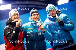 13.02.2020, Antholz, Italy (ITA): Johannes Thingnes Boe (NOR), Emilien Jacquelin (FRA), Alexander Loginov (RUS), (l-r) - IBU world championships biathlon, medals, Antholz (ITA). www.nordicfocus.com. © Modica/NordicFocus. Every downloaded picture is fee-liable.