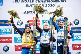 23.02.2020, Antholz, Italy (ITA): Dorothea Wierer (ITA), Marte Olsbu Roeiseland (NOR), Hanna Oeberg (SWE), (l-r) - IBU world championships biathlon, medals, Antholz (ITA). www.nordicfocus.com. © Modica/NordicFocus. Every downloaded picture is fee-liable.