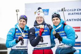 23.02.2020, Antholz, Italy (ITA): Quentin Fillon Maillet (FRA), Johannes Thingnes Boe (NOR), Emilien Jacquelin (FRA), (l-r) - IBU world championships biathlon, medals, Antholz (ITA). www.nordicfocus.com. © Modica/NordicFocus. Every downloaded picture is fee-liable.