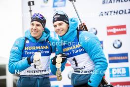 23.02.2020, Antholz, Italy (ITA): Quentin Fillon Maillet (FRA), Emilien Jacquelin (FRA), (l-r) - IBU world championships biathlon, medals, Antholz (ITA). www.nordicfocus.com. © Modica/NordicFocus. Every downloaded picture is fee-liable.