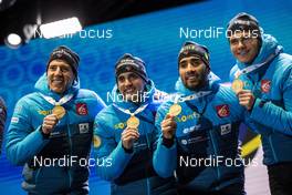 22.02.2020, Antholz, Italy (ITA): Emilien Jacquelin (FRA), Martin Fourcade (FRA), Simon Desthieux (FRA), Quentin Fillon Maillet (FRA), (l-r) - IBU world championships biathlon, medals, Antholz (ITA). www.nordicfocus.com. © Modica/NordicFocus. Every downloaded picture is fee-liable.
