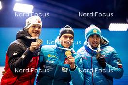 13.02.2020, Antholz, Italy (ITA): Johannes Thingnes Boe (NOR), Emilien Jacquelin (FRA), Alexander Loginov (RUS), (l-r) - IBU world championships biathlon, medals, Antholz (ITA). www.nordicfocus.com. © Modica/NordicFocus. Every downloaded picture is fee-liable.