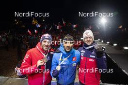 19.02.2020, Antholz, Italy (ITA): Dominik Landertinger (AUT), Martin Fourcade (FRA), Johannes Thingnes Boe (NOR), (l-r) - IBU world championships biathlon, medals, Antholz (ITA). www.nordicfocus.com. © Manzoni/NordicFocus. Every downloaded picture is fee-liable.