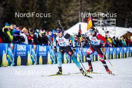 13.02.2020, Antholz, Italy (ITA): Quentin Fillon Maillet (FRA), Dominik Landertinger (AUT), (l-r) - IBU World Championships Biathlon, relay mixed, Antholz (ITA). www.nordicfocus.com. © Modica/NordicFocus. Every downloaded picture is fee-liable.