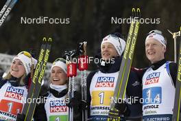 13.02.2020, Antholz, Italy (ITA): Marte Olsbu Roeiseland (NOR), Tiril Eckhoff (NOR), Tarjei Boe (NOR), Johannes Thingnes Boe (NOR), (l-r) - IBU World Championships Biathlon, relay mixed, Antholz (ITA). www.nordicfocus.com. © Manzoni/NordicFocus. Every downloaded picture is fee-liable.