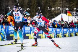 13.02.2020, Antholz, Italy (ITA): Quentin Fillon Maillet (FRA), Dominik Landertinger (AUT), (l-r) - IBU World Championships Biathlon, relay mixed, Antholz (ITA). www.nordicfocus.com. © Modica/NordicFocus. Every downloaded picture is fee-liable.