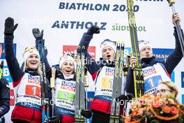 13.02.2020, Antholz, Italy (ITA): Marte Olsbu Roeiseland (NOR), Tiril Eckhoff (NOR), Tarjei Boe (NOR), Johannes Thingnes Boe (NOR), (l-r) - IBU World Championships Biathlon, relay mixed, Antholz (ITA). www.nordicfocus.com. © Modica/NordicFocus. Every downloaded picture is fee-liable.