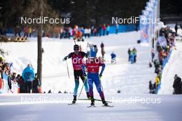 16.02.2020, Antholz, Italy (ITA): Quentin Fillon Maillet (FRA), Alexander Loginov (RUS), (l-r) - IBU World Championships Biathlon, pursuit men, Antholz (ITA). www.nordicfocus.com. © Manzoni/NordicFocus. Every downloaded picture is fee-liable.