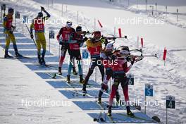 16.02.2020, Antholz, Italy (ITA): Sebastian Samuelsson (SWE), Johannes Dale (NOR), Quentin Fillon Maillet (FRA), Arnd Peiffer (GER), Felix Leitner (AUT), Tarjei Boe (NOR), (l-r) - IBU World Championships Biathlon, pursuit men, Antholz (ITA). www.nordicfocus.com. © Manzoni/NordicFocus. Every downloaded picture is fee-liable.