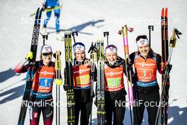 22.02.2020, Antholz, Italy (ITA): Marte Olsbu Roeiseland (NOR), Tiril Eckhoff (NOR), Ingrid Landmark Tandrevold (NOR), Synnoeve Solemdal (NOR), (l-r) - IBU World Championships Biathlon, relay women, Antholz (ITA). www.nordicfocus.com. © Modica/NordicFocus. Every downloaded picture is fee-liable.