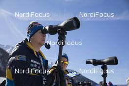 22.02.2020, Antholz, Italy (ITA): Mattias Jr. Nilsson (SWE), coach Team Sweden use Swarovski - IBU World Championships Biathlon, relay women, Antholz (ITA). www.nordicfocus.com. © Manzoni/NordicFocus. Every downloaded picture is fee-liable.