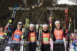 22.02.2020, Antholz, Italy (ITA): Marte Olsbu Roeiseland (NOR), Tiril Eckhoff (NOR), Ingrid Landmark Tandrevold (NOR), Synnoeve Solemdal (NOR), (l-r) - IBU World Championships Biathlon, relay women, Antholz (ITA). www.nordicfocus.com. © Manzoni/NordicFocus. Every downloaded picture is fee-liable.