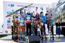 20.02.2020, Antholz, Italy (ITA): Erik Lesser (GER), Franziska Preuss (GER), Johannes Thingnes Boe (NOR), Marte Olsbu Roeiseland (NOR), Emilien Jacquelin (FRA), Anais Bescond (FRA), (l-r) - IBU World Championships Biathlon, single mixed relay, Antholz (ITA). www.nordicfocus.com. © Modica/NordicFocus. Every downloaded picture is fee-liable.