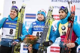 15.02.2020, Antholz, Italy (ITA): Quentin Fillon Maillet (FRA), Alexander Loginov (RUS), Martin Fourcade (FRA), (l-r) - IBU World Championships Biathlon, sprint men, Antholz (ITA). www.nordicfocus.com. © Modica/NordicFocus. Every downloaded picture is fee-liable.