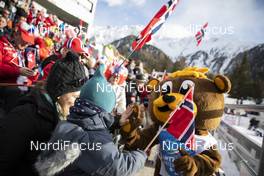 14.02.2020, Antholz, Italy (ITA): Event Feature: Mascott Bumsi with a small Fan - IBU World Championships Biathlon, sprint women, Antholz (ITA). www.nordicfocus.com. © Manzoni/NordicFocus. Every downloaded picture is fee-liable.