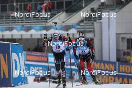 12.12.2020, Hochfilzen, Austria (AUT): Felix Leitner (AUT), Tarjei Boe (NOR), (l-r) -  IBU World Cup Biathlon, pursuit men, Hochfilzen (AUT). www.nordicfocus.com. © Manzoni/NordicFocus. Every downloaded picture is fee-liable.