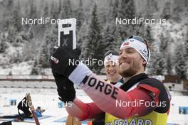 10.12.2020, Hochfilzen, Austria (AUT): Erlend Bjoentegaard (NOR) takes a selfie with Johannes Dahle (NOR) at the shooting range -  IBU World Cup Biathlon, training, Hochfilzen (AUT). www.nordicfocus.com. © Manzoni/NordicFocus. Every downloaded picture is fee-liable.