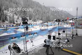 10.12.2020, Hochfilzen, Austria (AUT): Feature: Track atmosphere with an overview the mixed zone and the shooting range of the biathlon venue of Hochfilzen -  IBU World Cup Biathlon, training, Hochfilzen (AUT). www.nordicfocus.com. © Manzoni/NordicFocus. Every downloaded picture is fee-liable.