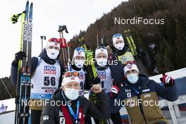 17.12.2020, Hochfilzen, Austria (AUT): Vetle Sjaastad Christiansen (NOR), Johannes Dale (NOR), Sturla Holm Laegreid (NOR), Johannes Thingnes Boe (NOR), Siegfried Mazet (FRA) coach team Norway, (l-r) -  IBU World Cup Biathlon, sprint men, Hochfilzen (AUT). www.nordicfocus.com. © Manzoni/NordicFocus. Every downloaded picture is fee-liable.