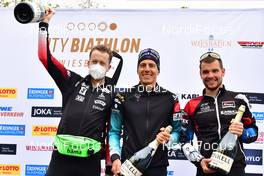 27.09.2020, Wiesbaden, Germany (GER): Tarjei Boe (NOR), Quentin Fillon Maillet (FRA), Michal Krcmar (CZE), (l-r) - City-Biathlon Wiesbaden - Wiesbaden (GER). www.nordicfocus.com. © Reichert/NordicFocus. Every downloaded picture is fee-liable.