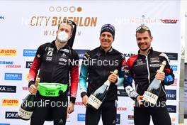 27.09.2020, Wiesbaden, Germany (GER): Tarjei Boe (NOR), Quentin Fillon Maillet (FRA), Michal Krcmar (CZE), (l-r) - City-Biathlon Wiesbaden - Wiesbaden (GER). www.nordicfocus.com. © Reichert/NordicFocus. Every downloaded picture is fee-liable.