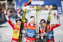 01.01.2020, Toblach, Italy (ITA): Therese Johaug (NOR), Ingvild Flugstad Oestberg (NOR), Heidi Weng (NOR), (l-r)  - FIS world cup cross-country, tour de ski, pursuit women, Toblach (ITA). www.nordicfocus.com. © Modica/NordicFocus. Every downloaded picture is fee-liable.