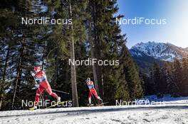 01.01.2020, Toblach, Italy (ITA): Natalia Nepryaeva (RUS), Astrid Uhrenholdt Jacobsen (NOR), (l-r)  - FIS world cup cross-country, tour de ski, pursuit women, Toblach (ITA). www.nordicfocus.com. © Modica/NordicFocus. Every downloaded picture is fee-liable.