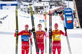 04.01.2020, Val di Fiemme, Italy (ITA): Sergey Ustiugov (RUS), Johannes Hoesflot Klaebo (NOR), Alexander Bolshunov (RUS), (l-r)  - FIS world cup cross-country, tour de ski, individual sprint, Val di Fiemme (ITA). www.nordicfocus.com. © Modica/NordicFocus. Every downloaded picture is fee-liable.