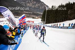03.01.2020, Val di Fiemme, Italy (ITA): Maicol Rastelli (ITA), Calle Halfvarsson (SWE), Jens Burman (SWE), Dario Cologna (SUI), (l-r)  - FIS world cup cross-country, tour de ski, mass men, Val di Fiemme (ITA). www.nordicfocus.com. © Modica/NordicFocus. Every downloaded picture is fee-liable.