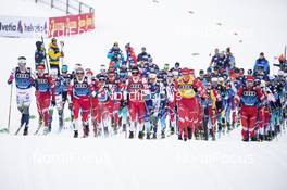 03.01.2020, Val di Fiemme, Italy (ITA): Calle Halfvarsson (SWE), Ivan Yakimushkin (RUS), Martin Loewstroem Nyenget (NOR), Paal Golberg (NOR), Alexander Bolshunov (RUS), Johannes Hoesflot Klaebo (NOR), Sergey Ustiugov (RUS), (l-r)  - FIS world cup cross-country, tour de ski, mass men, Val di Fiemme (ITA). www.nordicfocus.com. © Modica/NordicFocus. Every downloaded picture is fee-liable.
