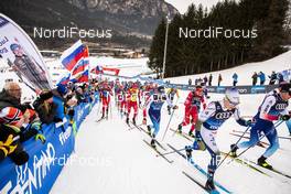 03.01.2020, Val di Fiemme, Italy (ITA): Jens Burman (SWE), Ueli Schnider (SUI), Alexander Bolshunov (RUS), (l-r)  - FIS world cup cross-country, tour de ski, mass men, Val di Fiemme (ITA). www.nordicfocus.com. © Modica/NordicFocus. Every downloaded picture is fee-liable.