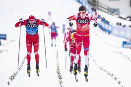 03.01.2020, Val di Fiemme, Italy (ITA): Johannes Hoesflot Klaebo (NOR), Sergey Ustiugov (RUS), (l-r)  - FIS world cup cross-country, tour de ski, mass men, Val di Fiemme (ITA). www.nordicfocus.com. © Modica/NordicFocus. Every downloaded picture is fee-liable.