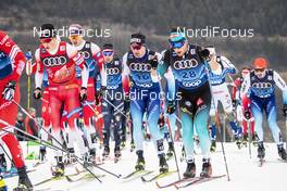 03.01.2020, Val di Fiemme, Italy (ITA): Johannes Hoesflot Klaebo (NOR), Dario Cologna (SUI), Adrien Backscheider (FRA), (l-r)  - FIS world cup cross-country, tour de ski, mass men, Val di Fiemme (ITA). www.nordicfocus.com. © Modica/NordicFocus. Every downloaded picture is fee-liable.