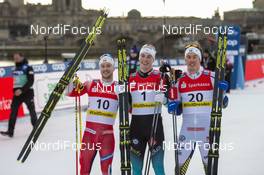 11.01.2020, Dresden, Germany (GER): Sindre Bjoernestad Skar (NOR), Lucas Chanavat (FRA), Johan Haeggstroem (SWE) - FIS world cup cross-country, individual sprint, Dresden (GER). www.nordicfocus.com. © Thibaut/NordicFocus. Every downloaded picture is fee-liable.
