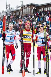 19.01.2020, Nove Mesto, Czech Republic (CZE): Simen Hegstad Krueger (NOR), Alexander Bolshunov (RUS), Johannes Hoesflot Klaebo (NOR), (l-r)  - FIS world cup cross-country, pursuit men, Nove Mesto (CZE). www.nordicfocus.com. © Modica/NordicFocus. Every downloaded picture is fee-liable.
