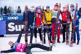 08.02.2020, Falun, Sweden (SWE): Teodor Peterson (SWE), Astrid Uhrenholdt Jacobsen (NOR), Federico Pellegrino (ITA), Alexander Bolshunov (RUS), Haavard Solaas Taugboel (NOR), Paal Golberg (NOR), (l-r)  - FIS world cup cross-country, individual sprint, Falun (SWE). www.nordicfocus.com. © Modica/NordicFocus. Every downloaded picture is fee-liable.